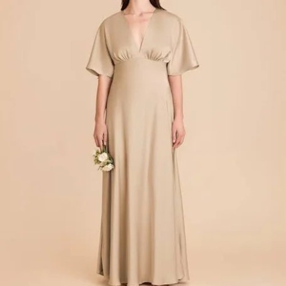 NWT Birdy Grey Shyla Matte Gold Satin Flutter Sleeve Maxi Dress Gown XL Formal